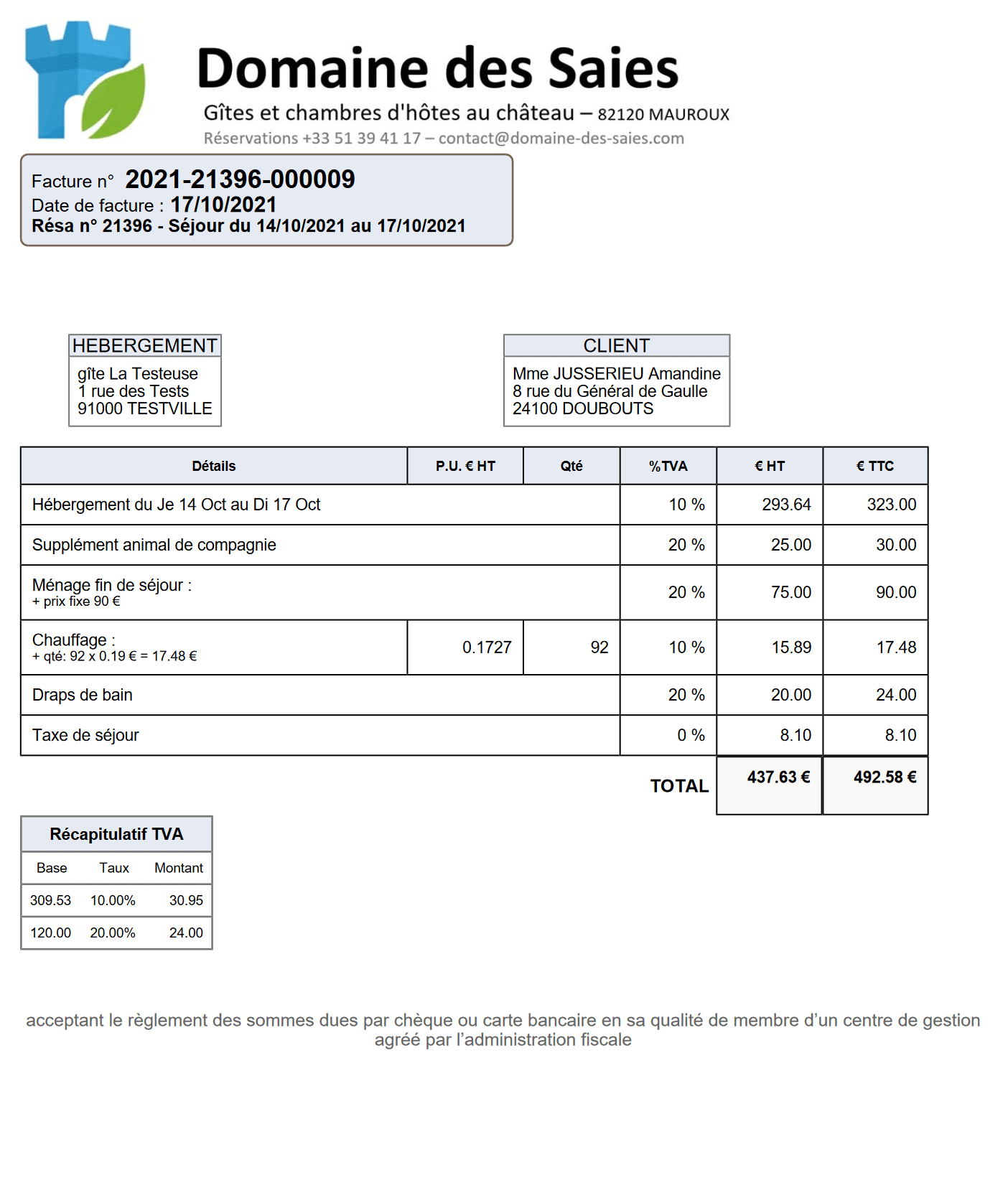 exemple de facture à établir par l'hôte pour une location courte durée